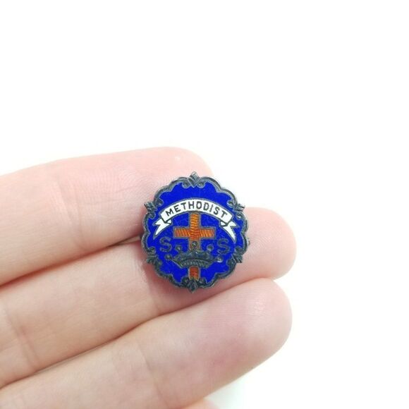 Vintage Enamel Methodist Pin, Blue Red White, Littles System Brooch, Tarnished - Picture 4 of 5